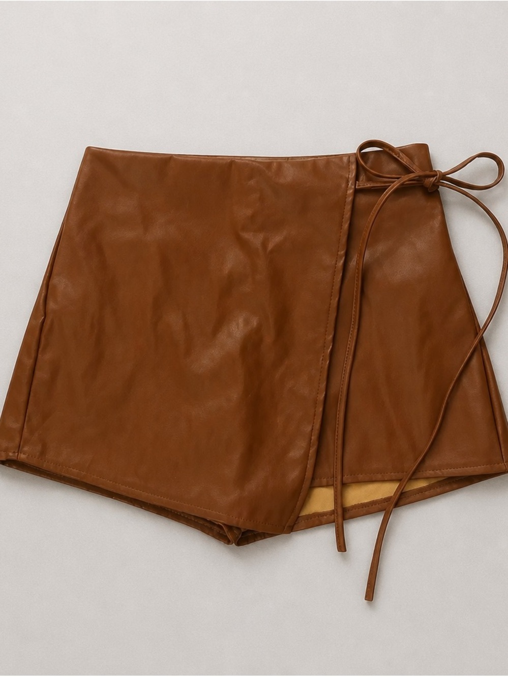 SHEIN Brown Faux Leather Wrap Skort with Side Tie